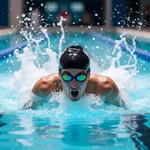 Swimmer describing favorite sport in pool