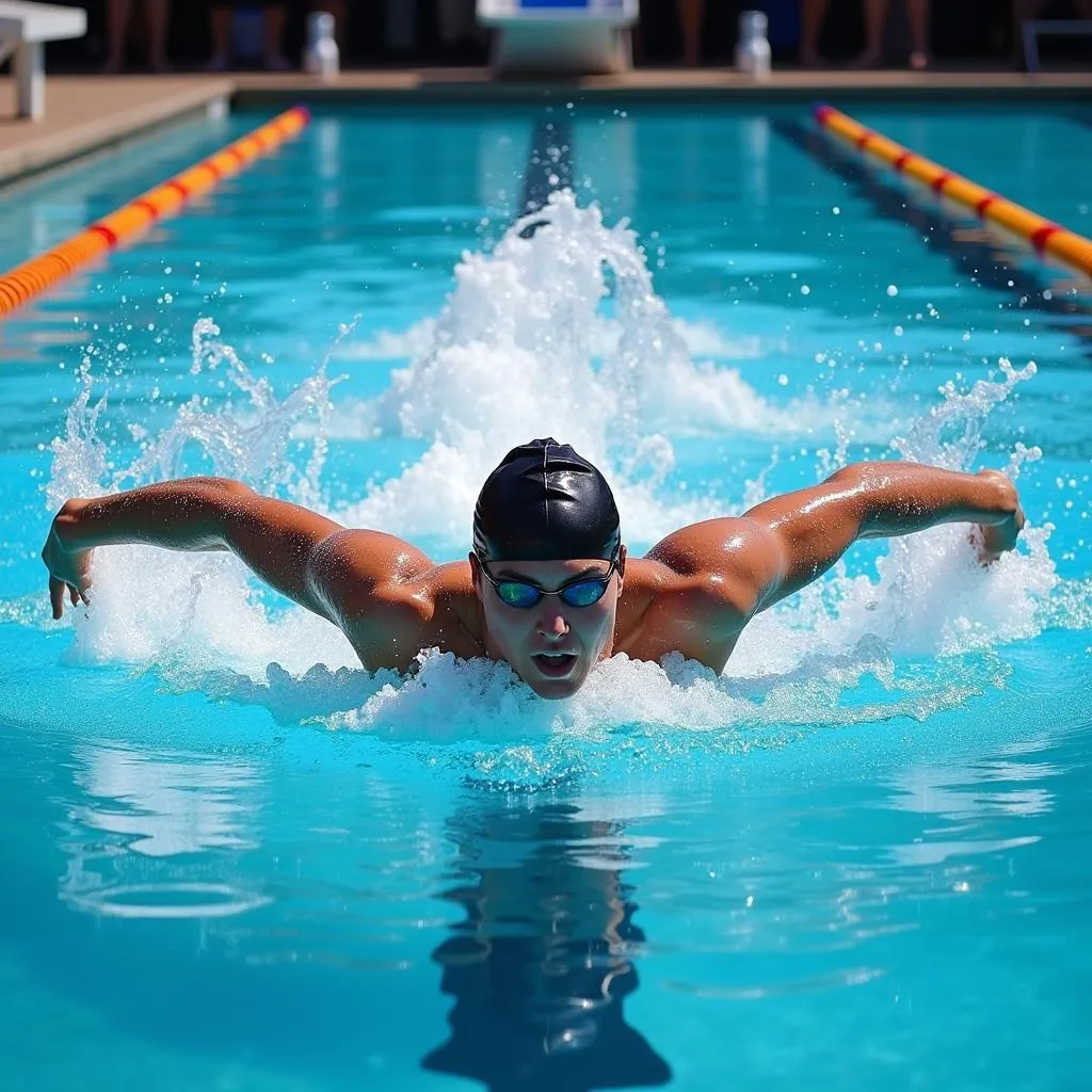 Swimmer performing butterfly stroke in pool