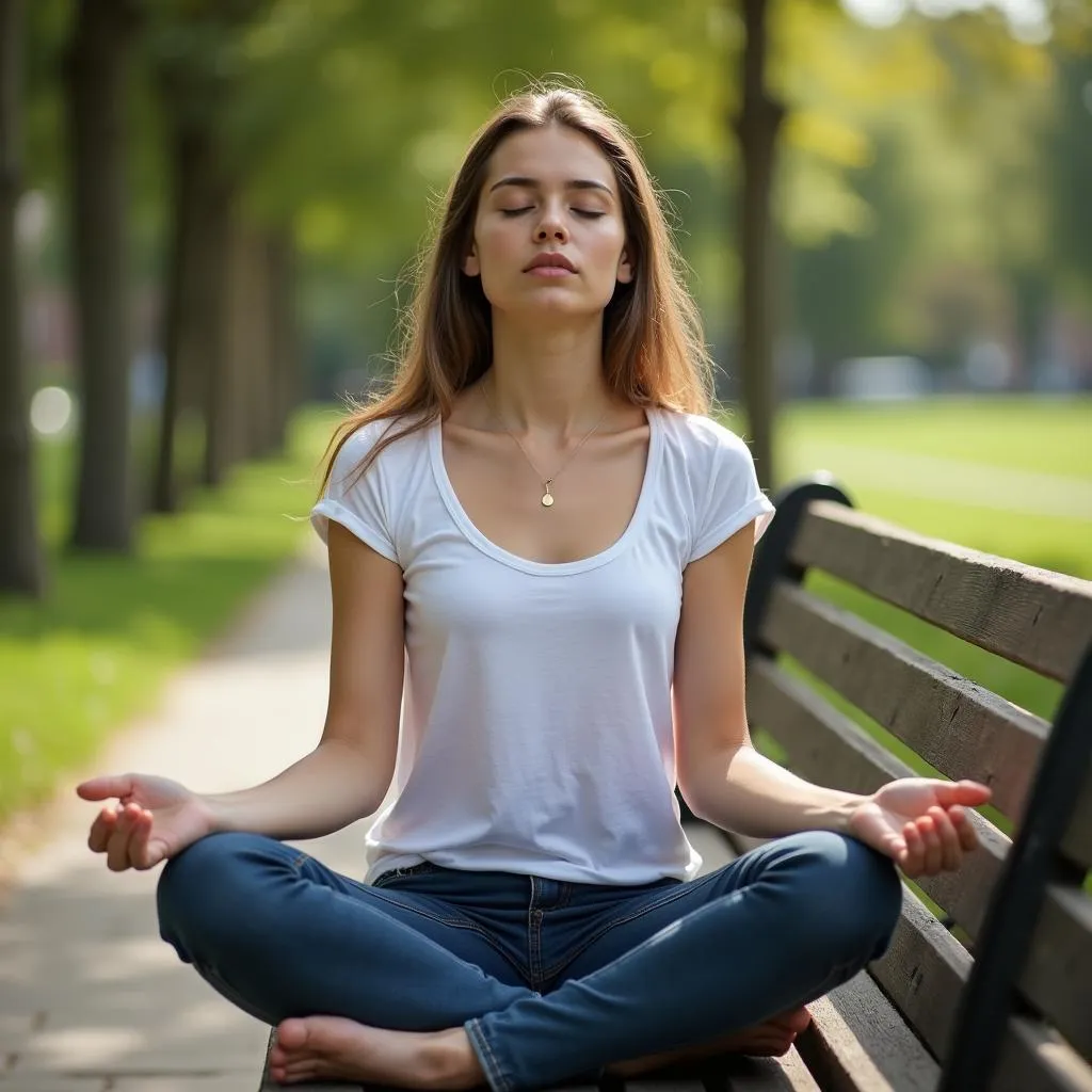 Woman taking a deep breath to calm down