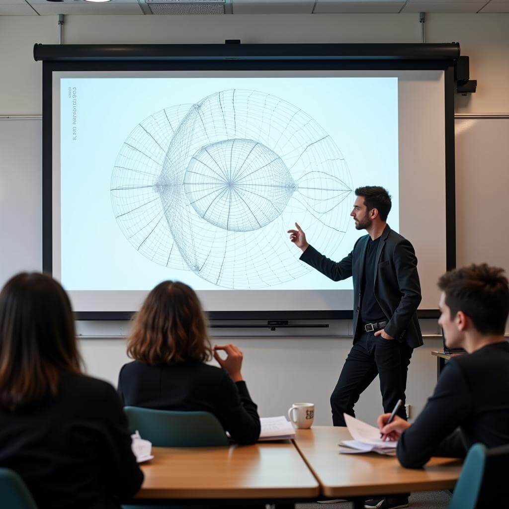 Teacher demonstrating a complex concept on an interactive whiteboard