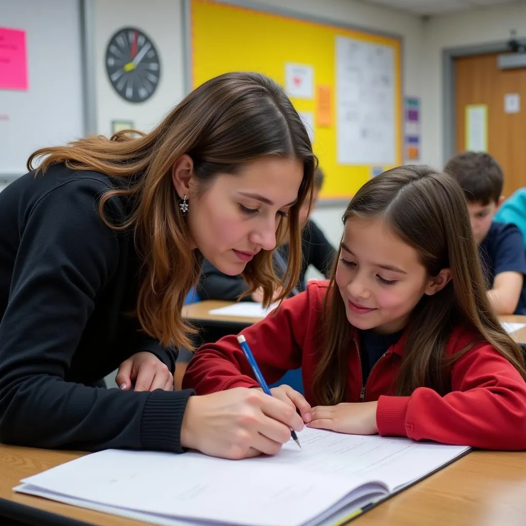 Teacher guiding student with project