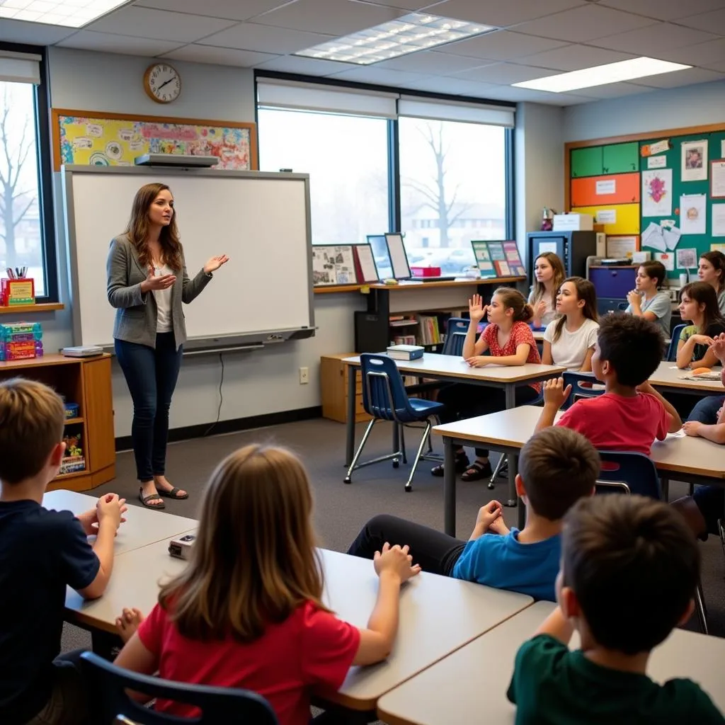 Teacher inspiring students in classroom