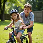 A teenager teaching his younger sister to ride a bicycle in a backyard