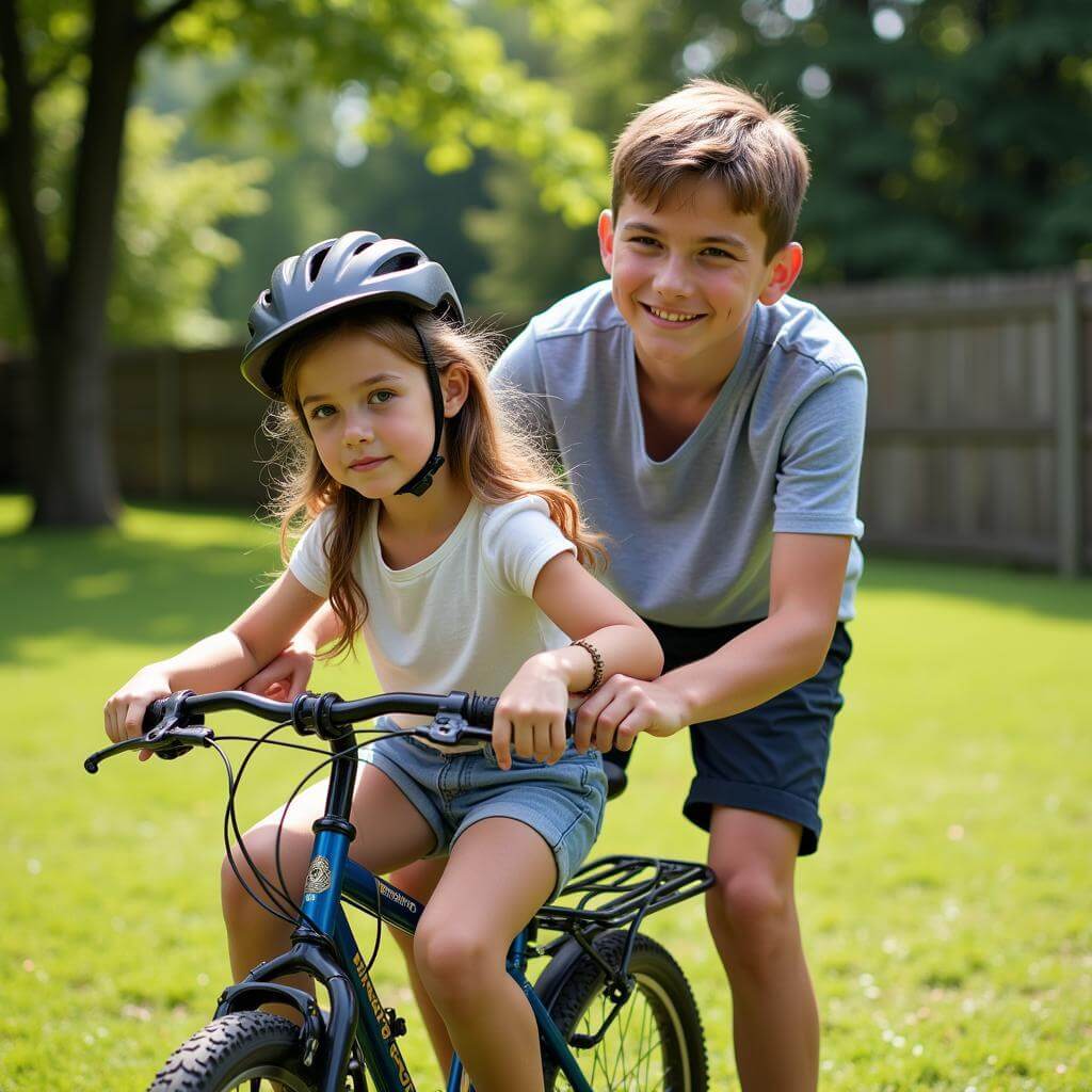 A teenager teaching his younger sister to ride a bicycle in a backyard