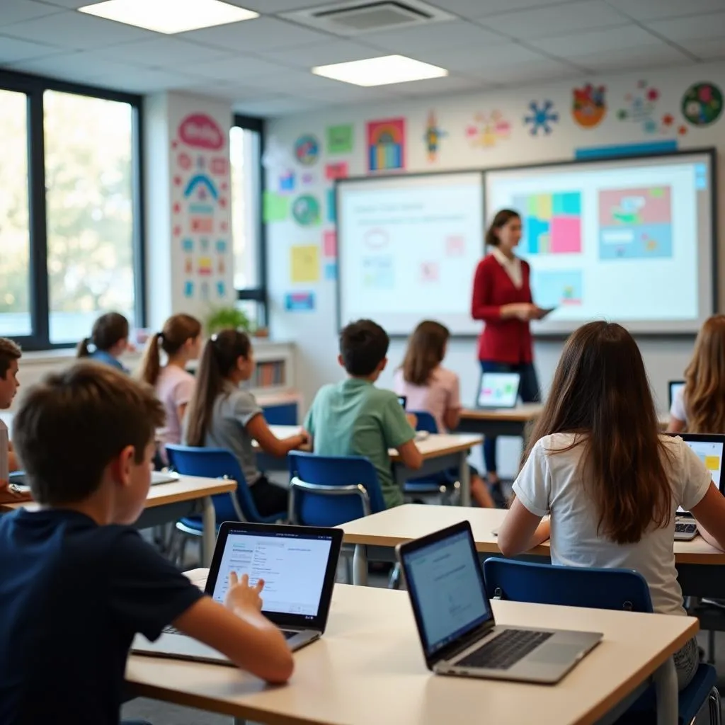 Students using technology in a modern classroom