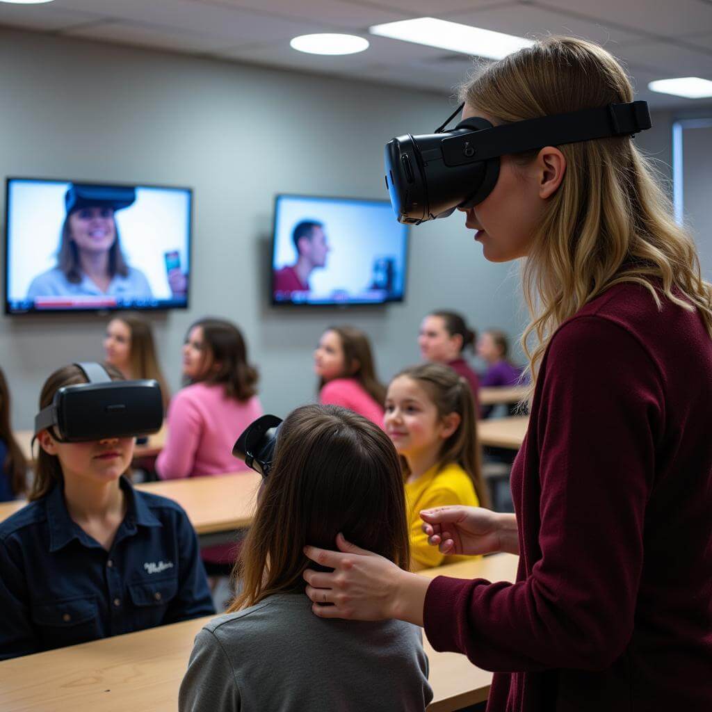 Students using virtual reality for empathy education