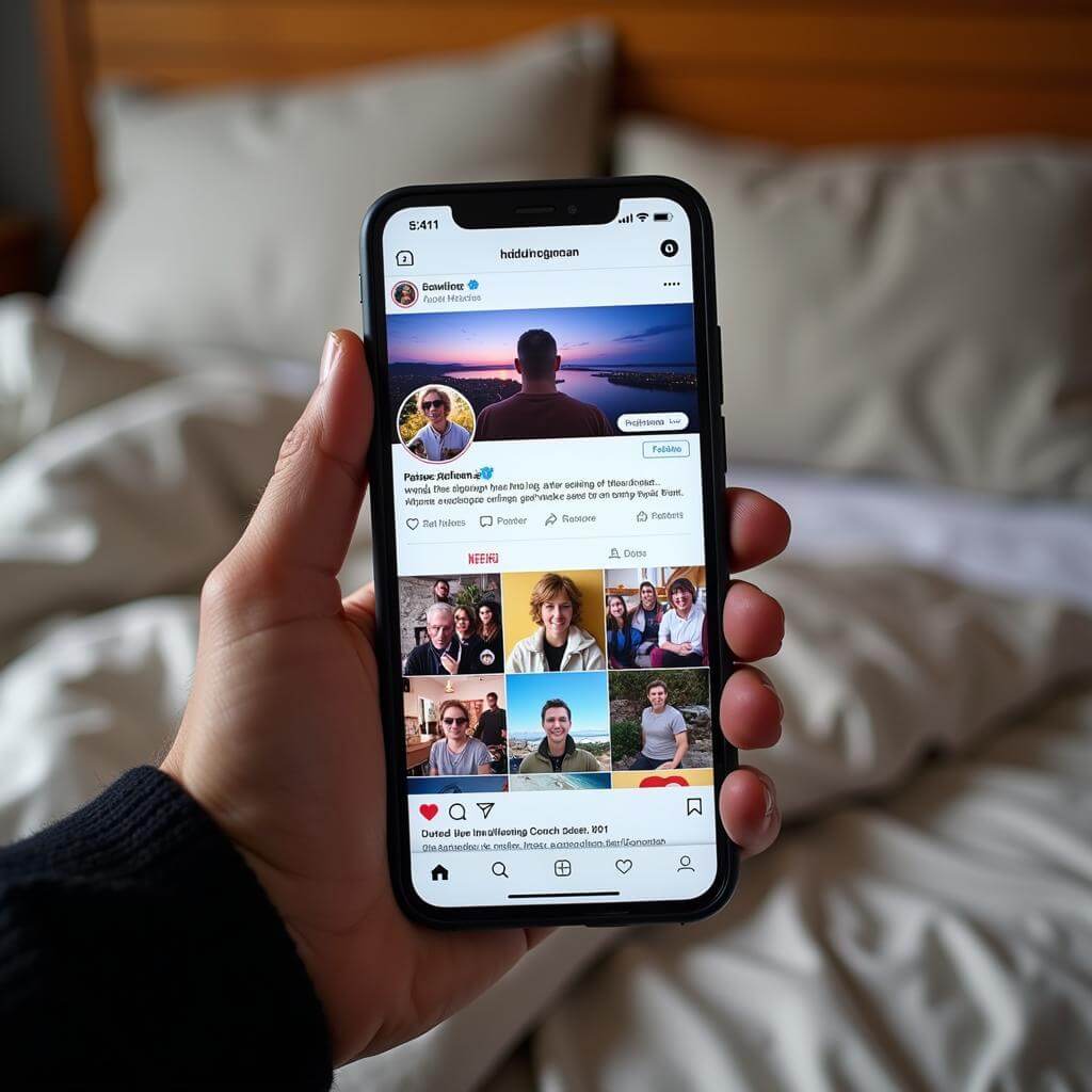 Smartphone screen displaying social media feed in bed