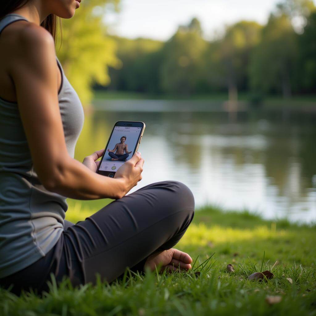 Person using a meditation app on a smartphone in a natural setting