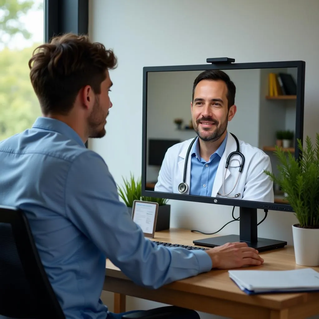 A doctor remotely consulting with a patient in a rural area using a computer screen