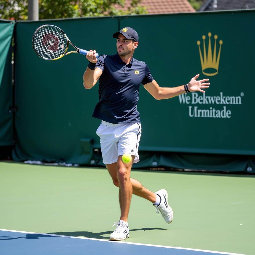 Tennis player executing a forehand shot