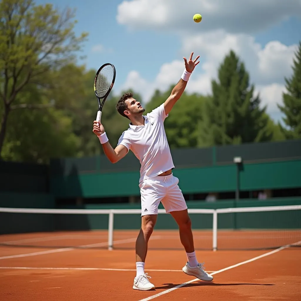 Tennis player serving on court