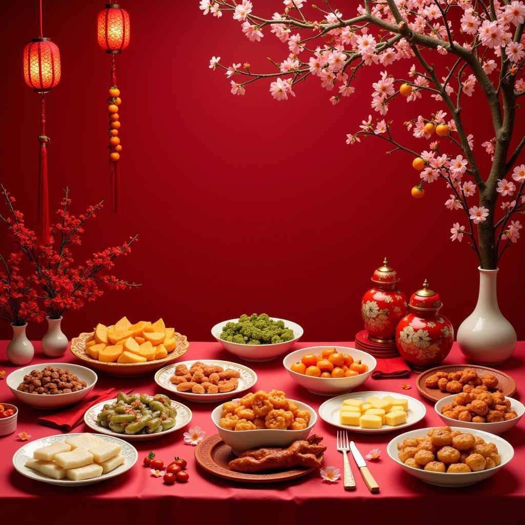 Traditional Tet festival decorations and food