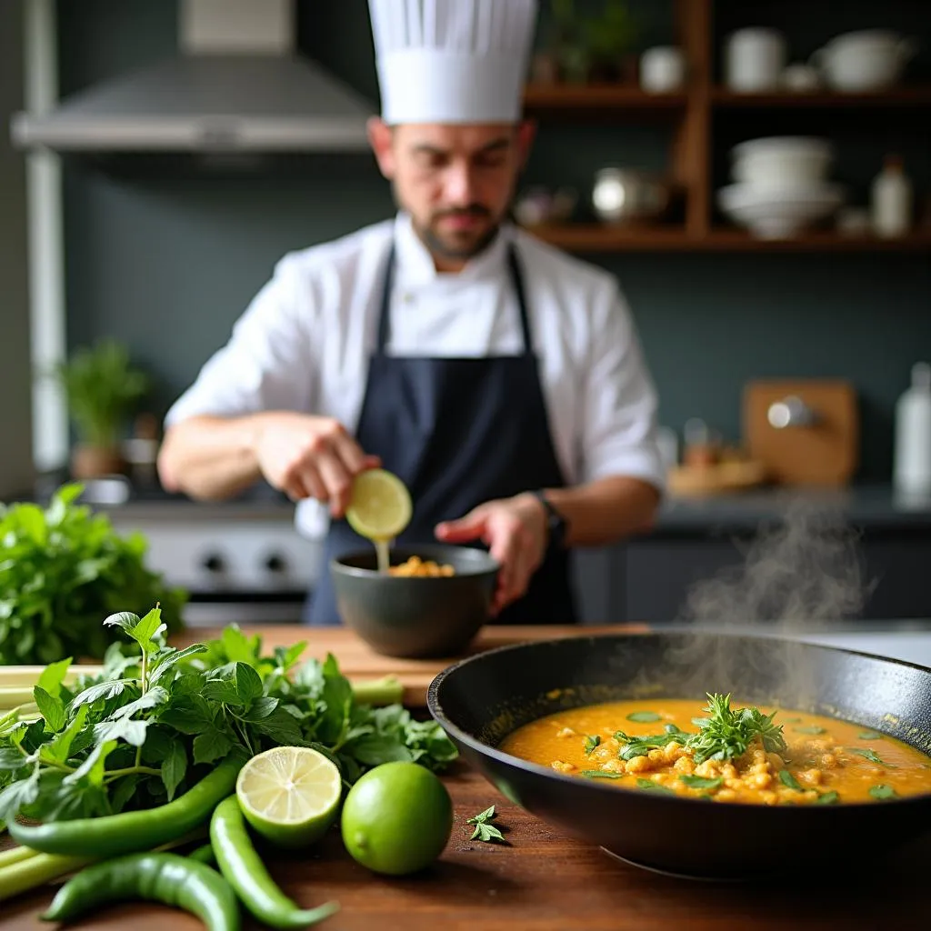 Preparing authentic Thai green curry