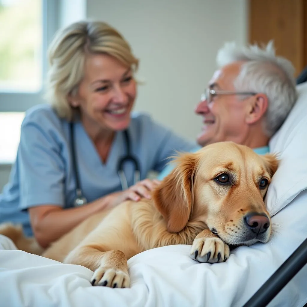 Therapy dog comforting patient in hospital