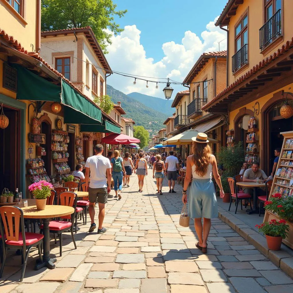 Tourists visiting a small town with shops and restaurants