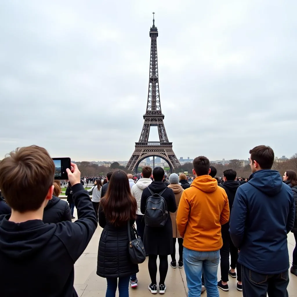 Tourists admiring the Eiffel Tower in Paris