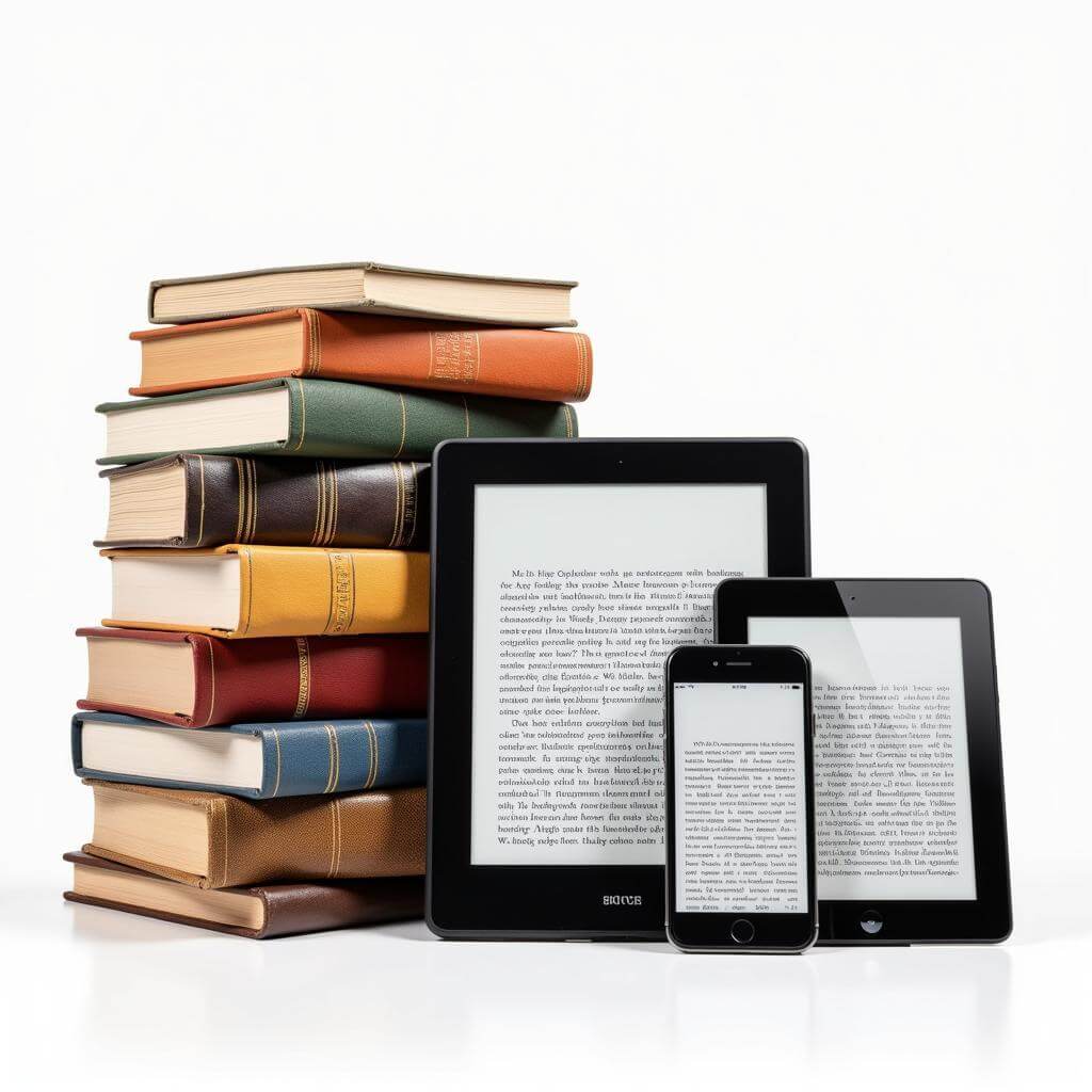 Traditional books and digital devices side by side