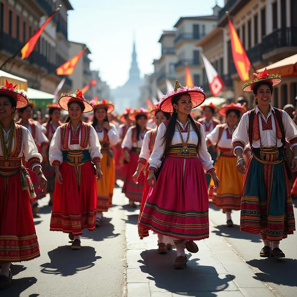 People celebrating a traditional event with colorful costumes