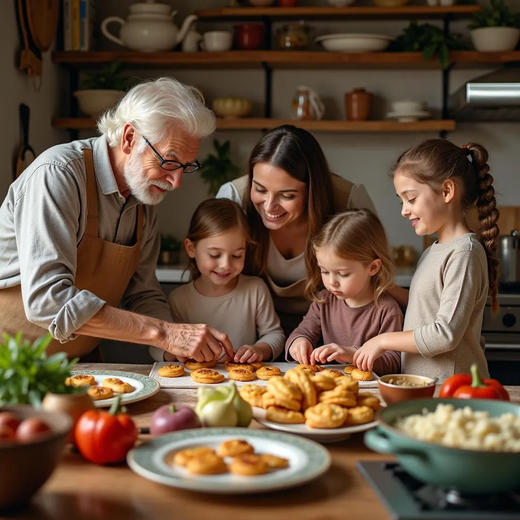 Traditional food preparation with family