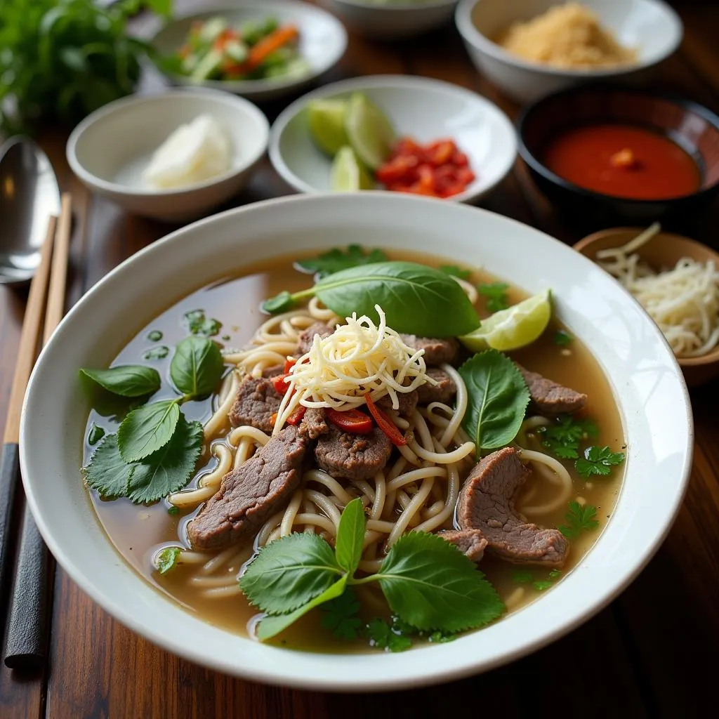 A steaming bowl of traditional Vietnamese pho