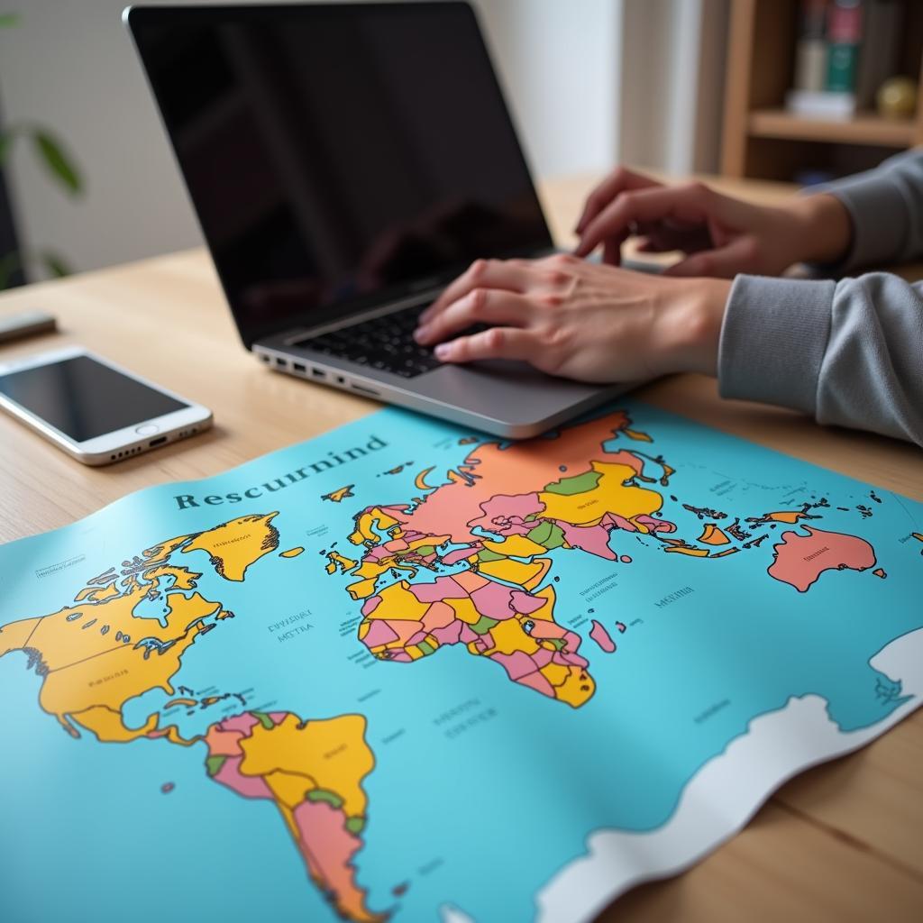 A person planning their next trip using a laptop and a map