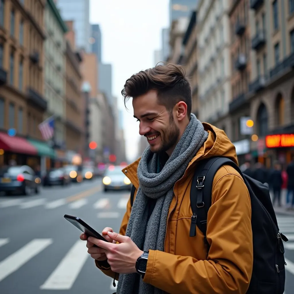 Traveler using smartphone map app to navigate city streets