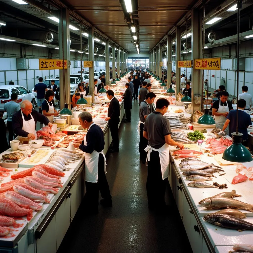 Bustling Tsukiji Fish Market in Tokyo