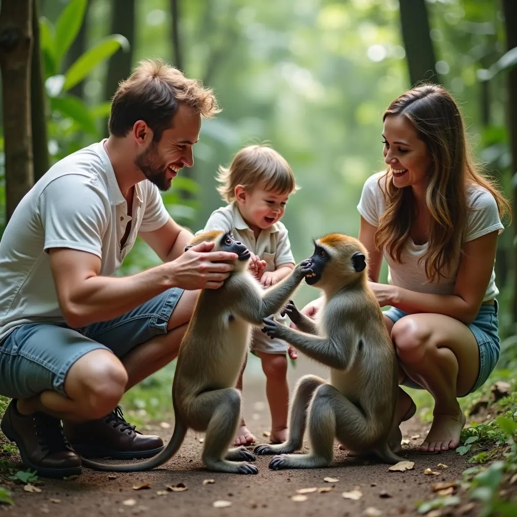 Family interacting with monkeys in Ubud Monkey Forest