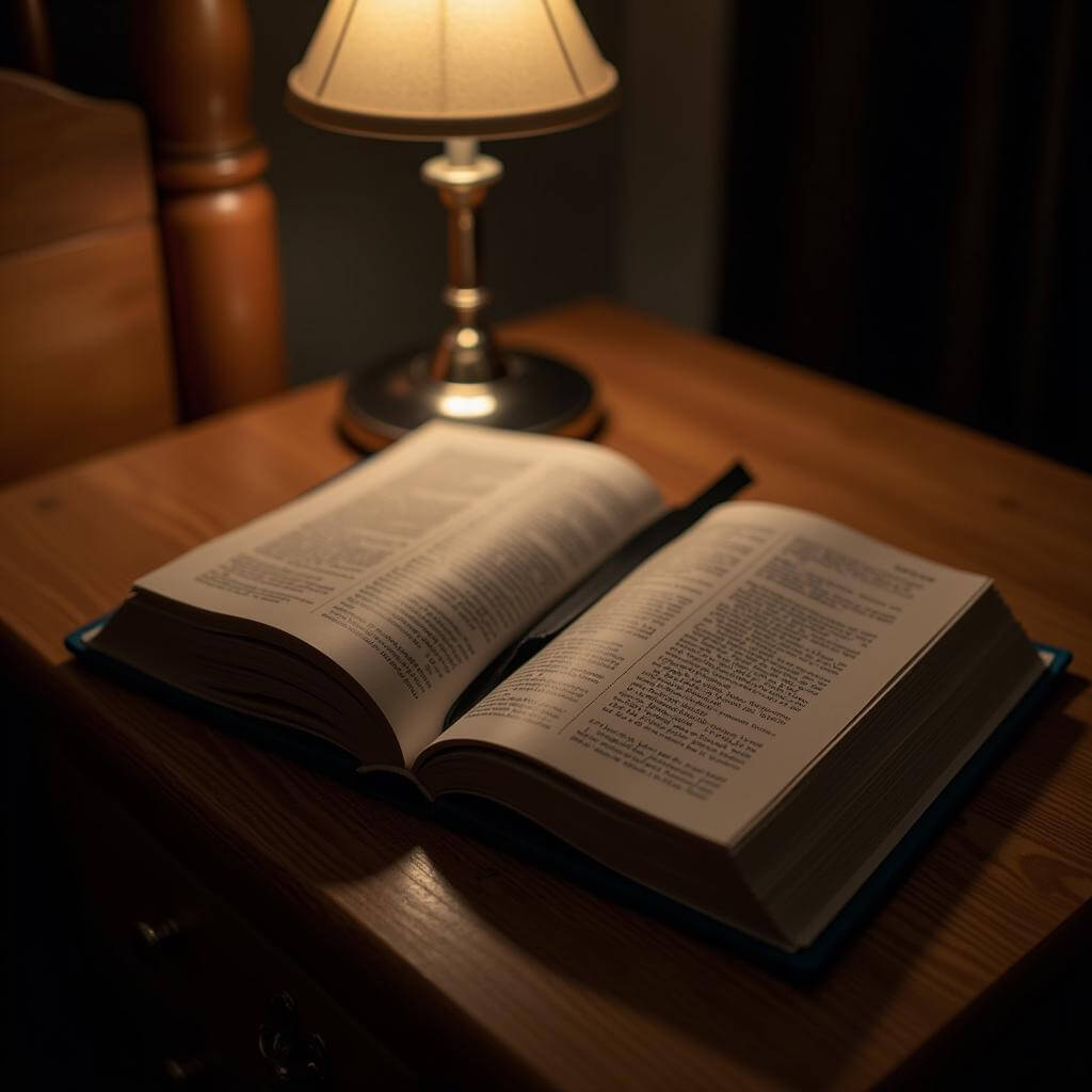 Unfinished book on bedside table with bookmark