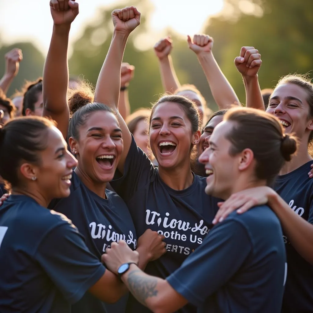 University sports team celebrating