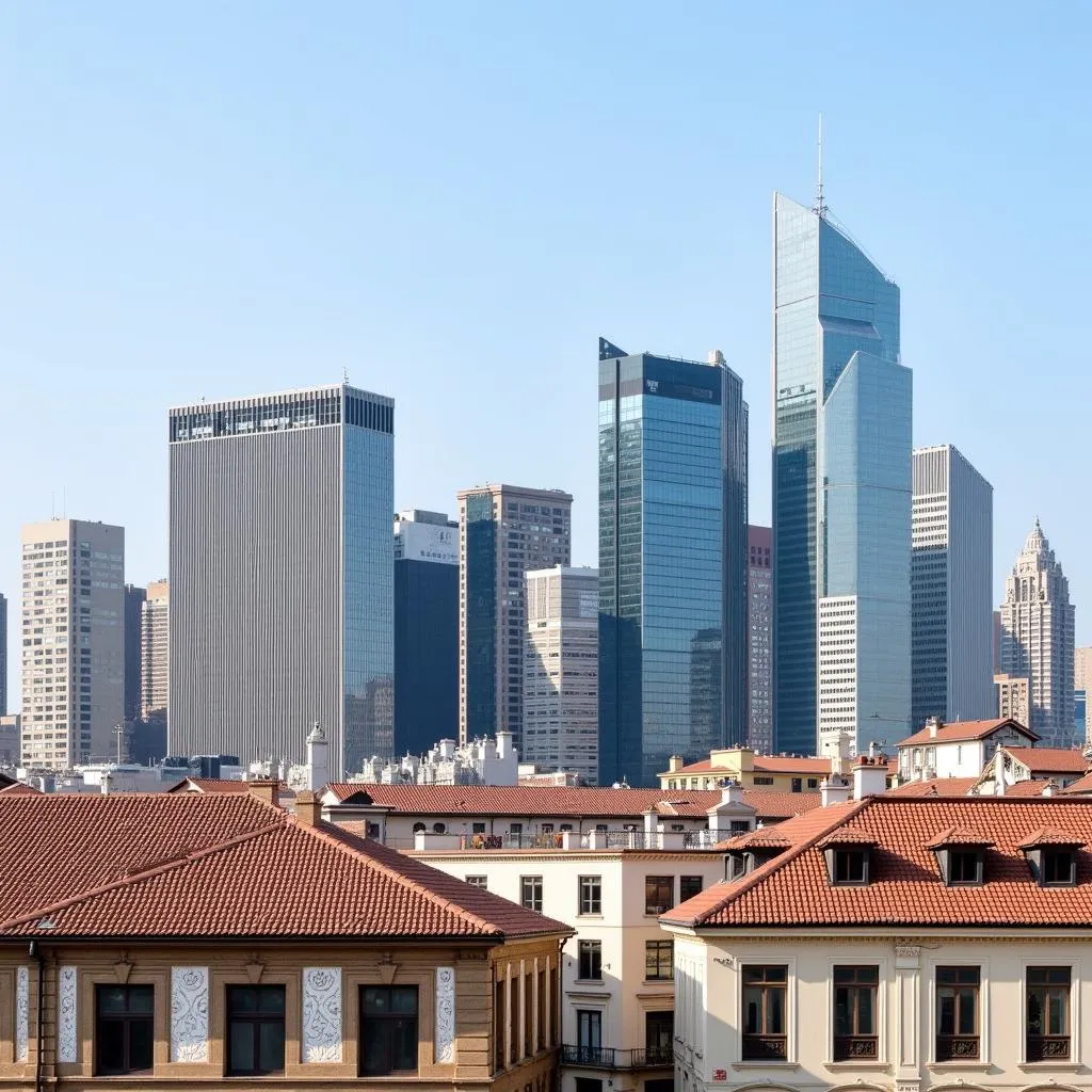 Contrast of old and modern architecture in a cityscape