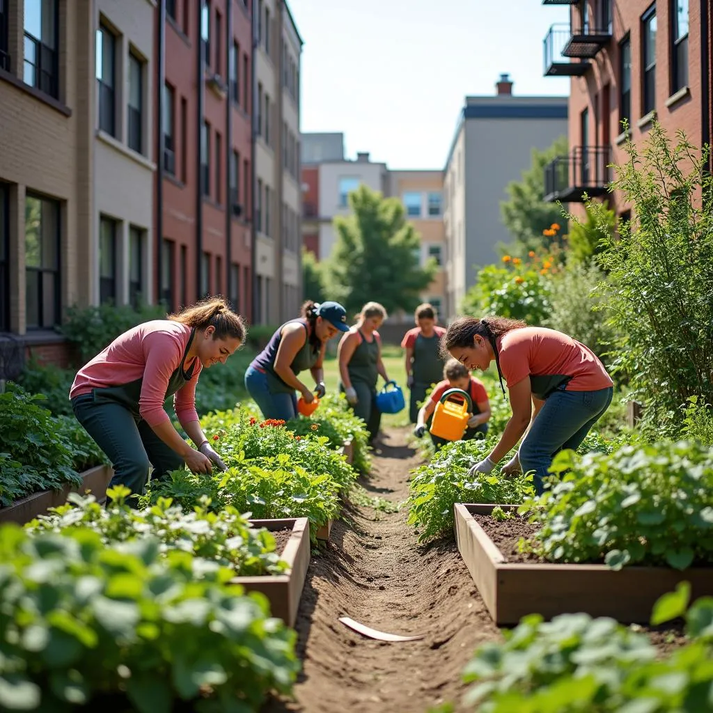 Urban community garden with diverse group of people