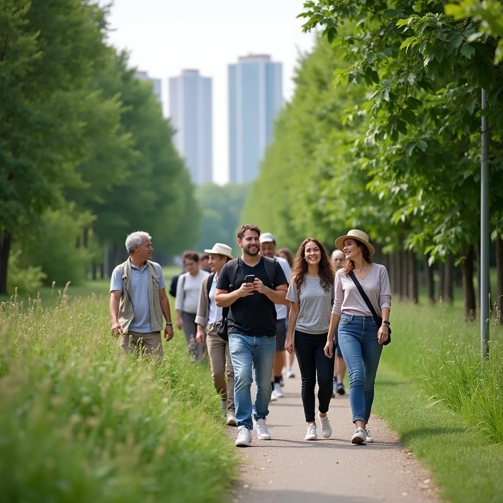 Urban residents enjoying nature walk benefits