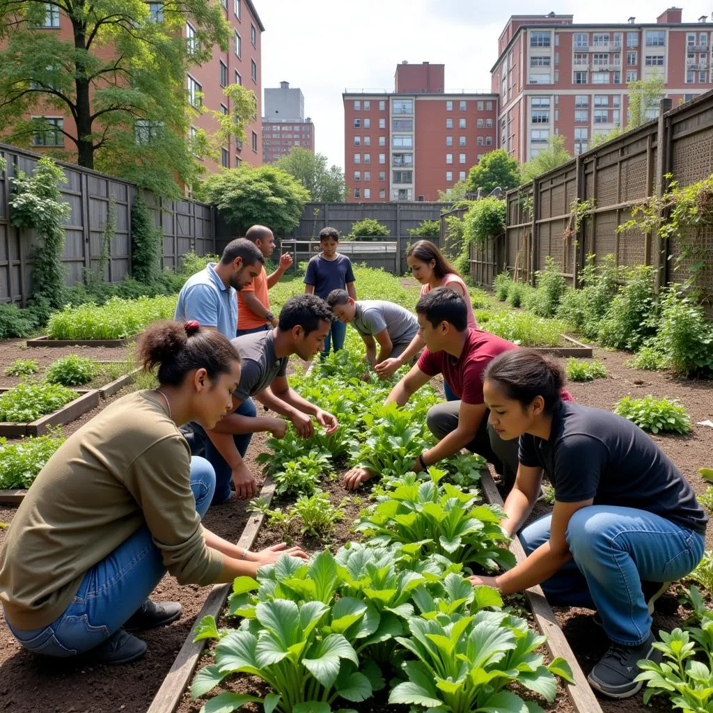 Community members working together in an urban garden