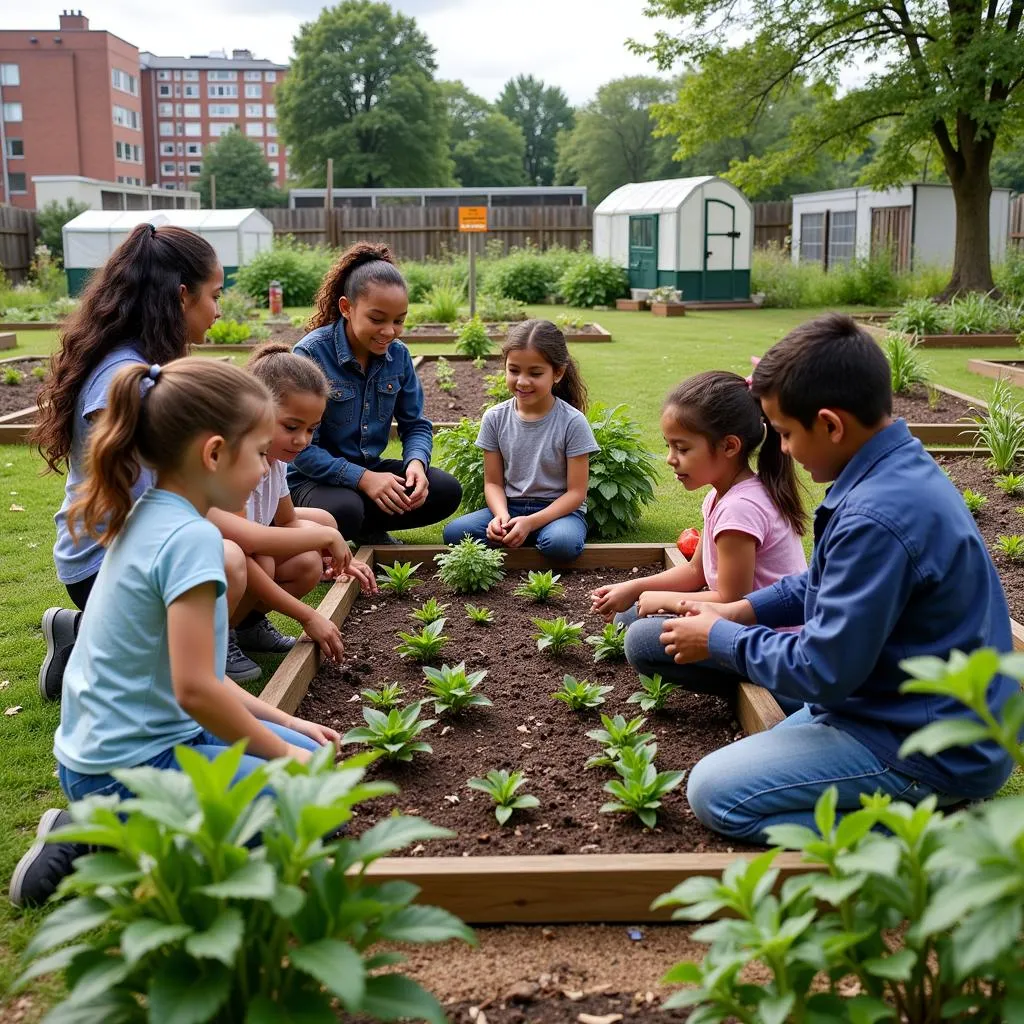 Children learning about gardening in an urban setting