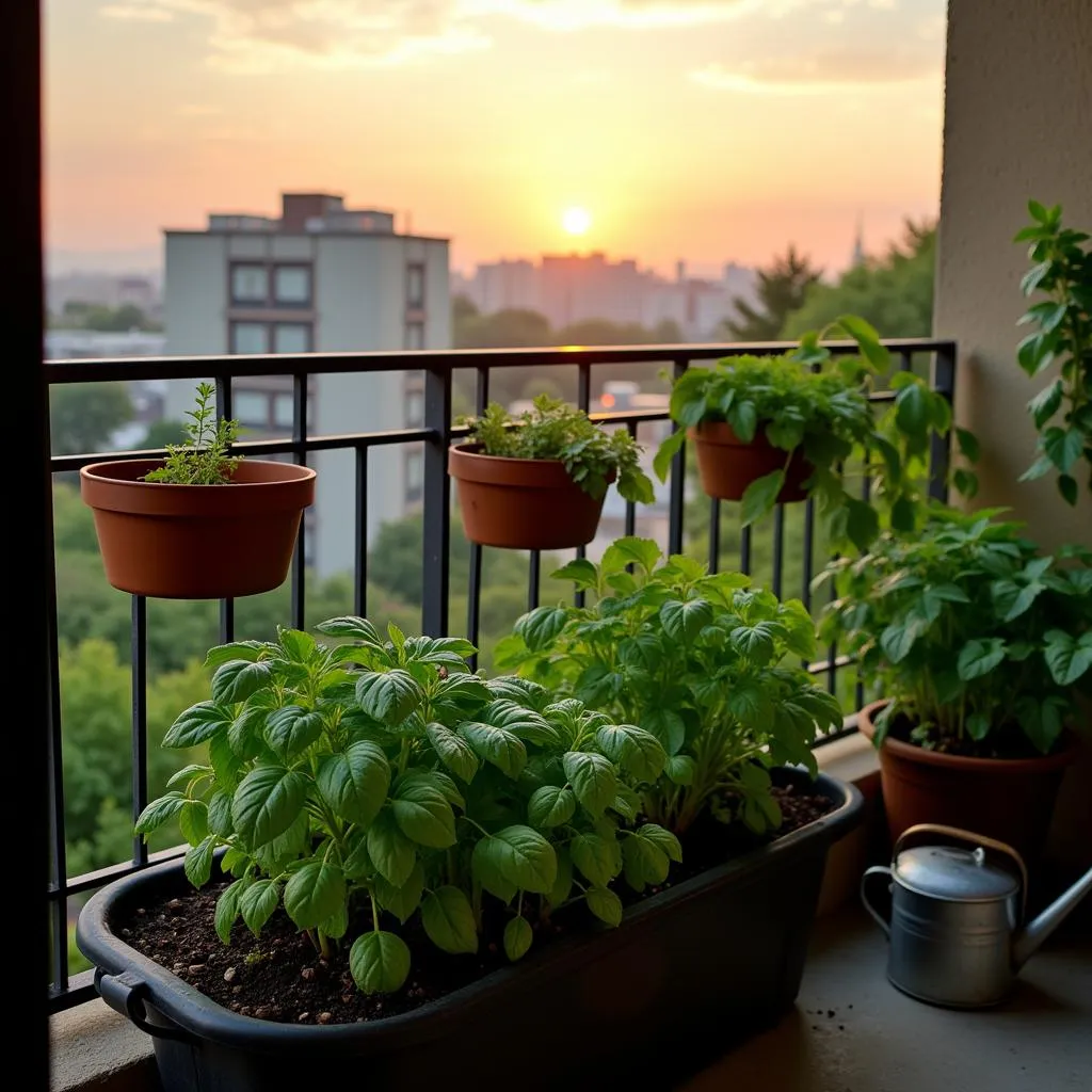 Urban herb garden on apartment balcony