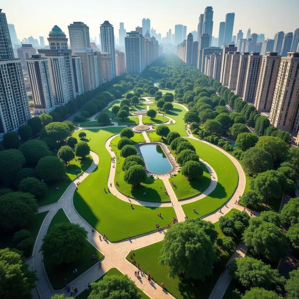 Urban park with green spaces and modern buildings