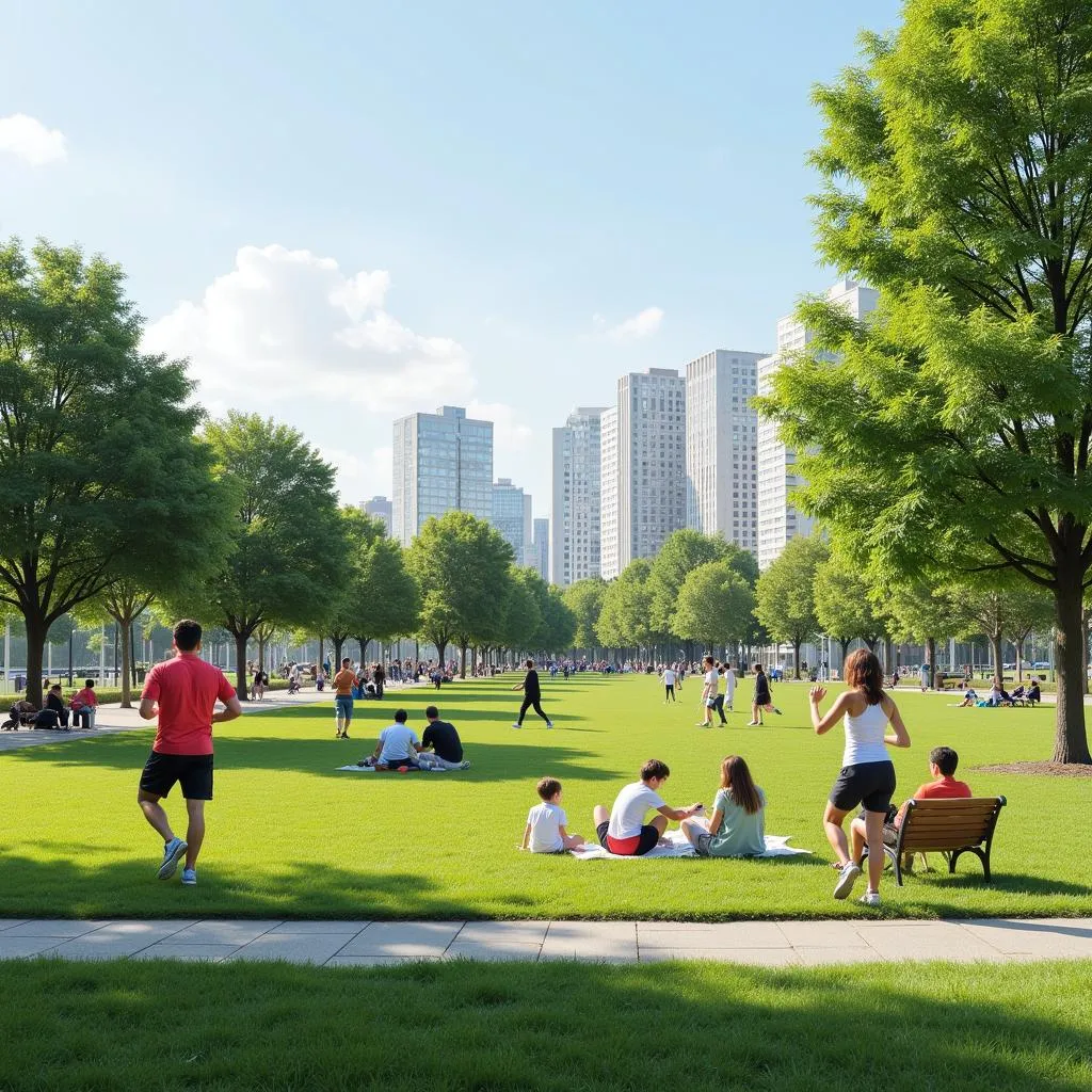 People interacting in urban park