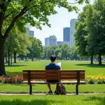 Person relaxing on bench in urban park