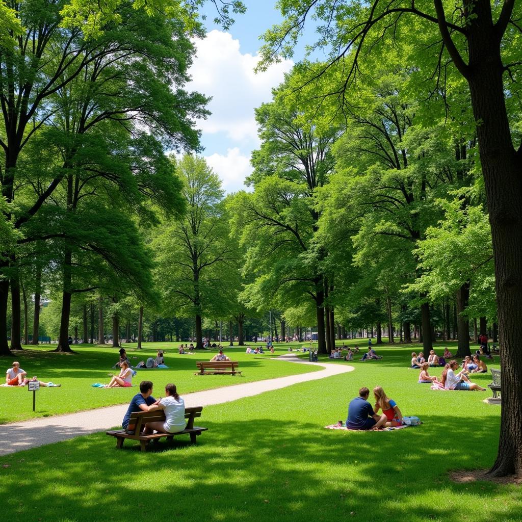 Urban park with people relaxing and enjoying nature