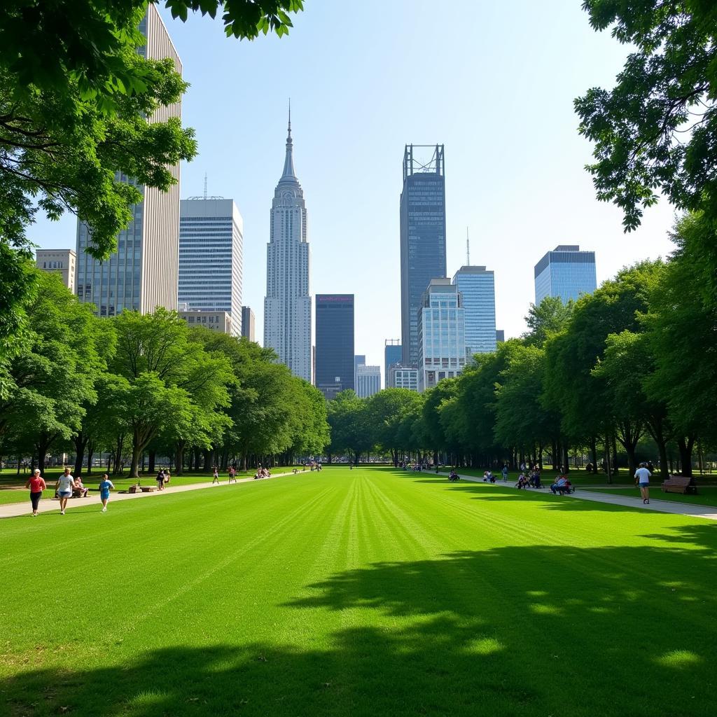 Urban park with skyscrapers in background