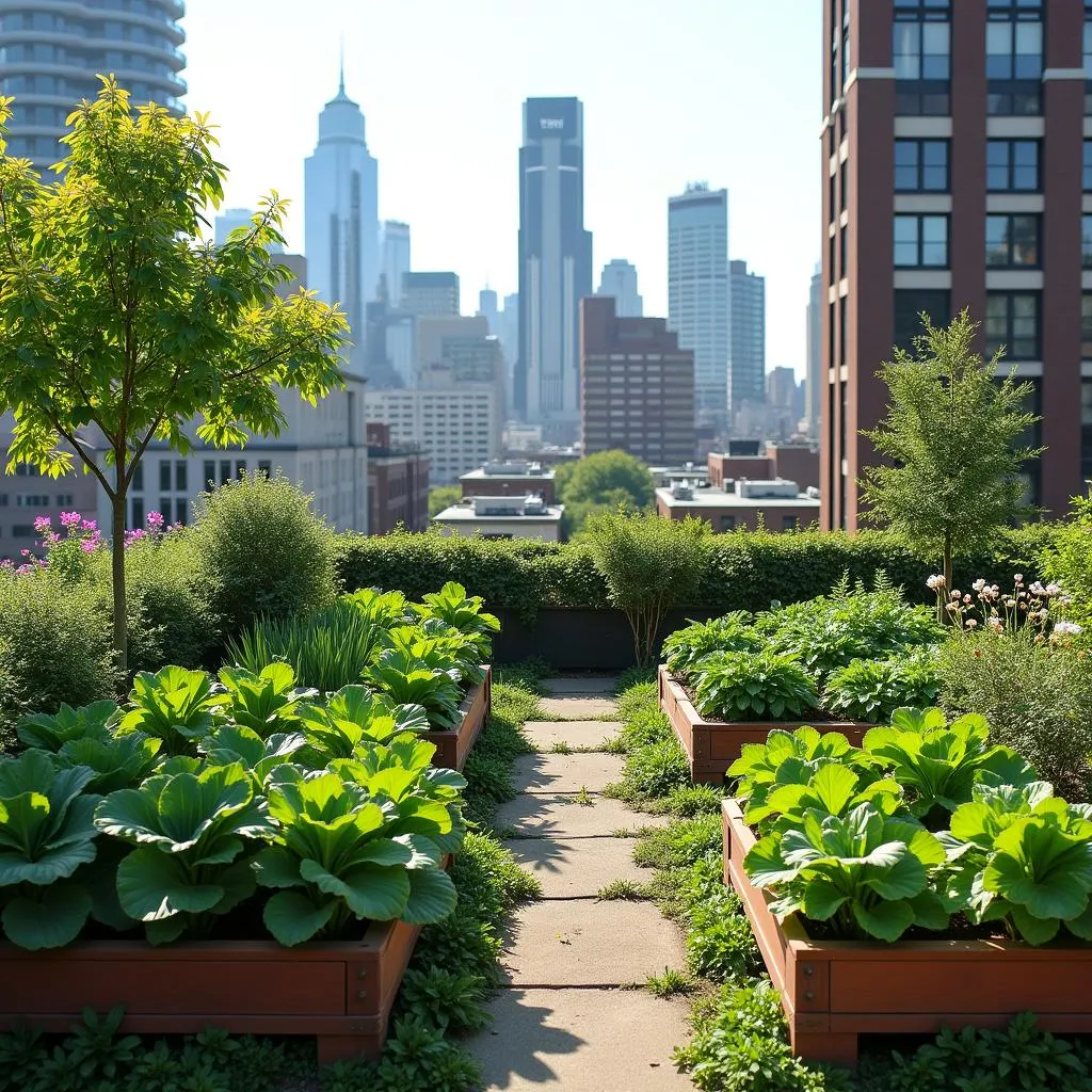 Urban rooftop garden with city skyline