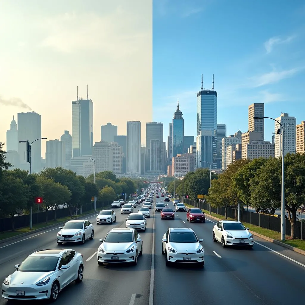 Urban skyline comparison with and without electric cars