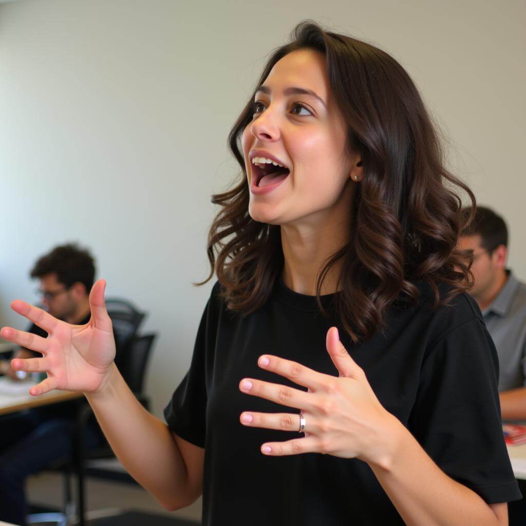 A person using expressive hand gestures while speaking