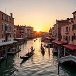 Venice Grand Canal with historic buildings and gondolas