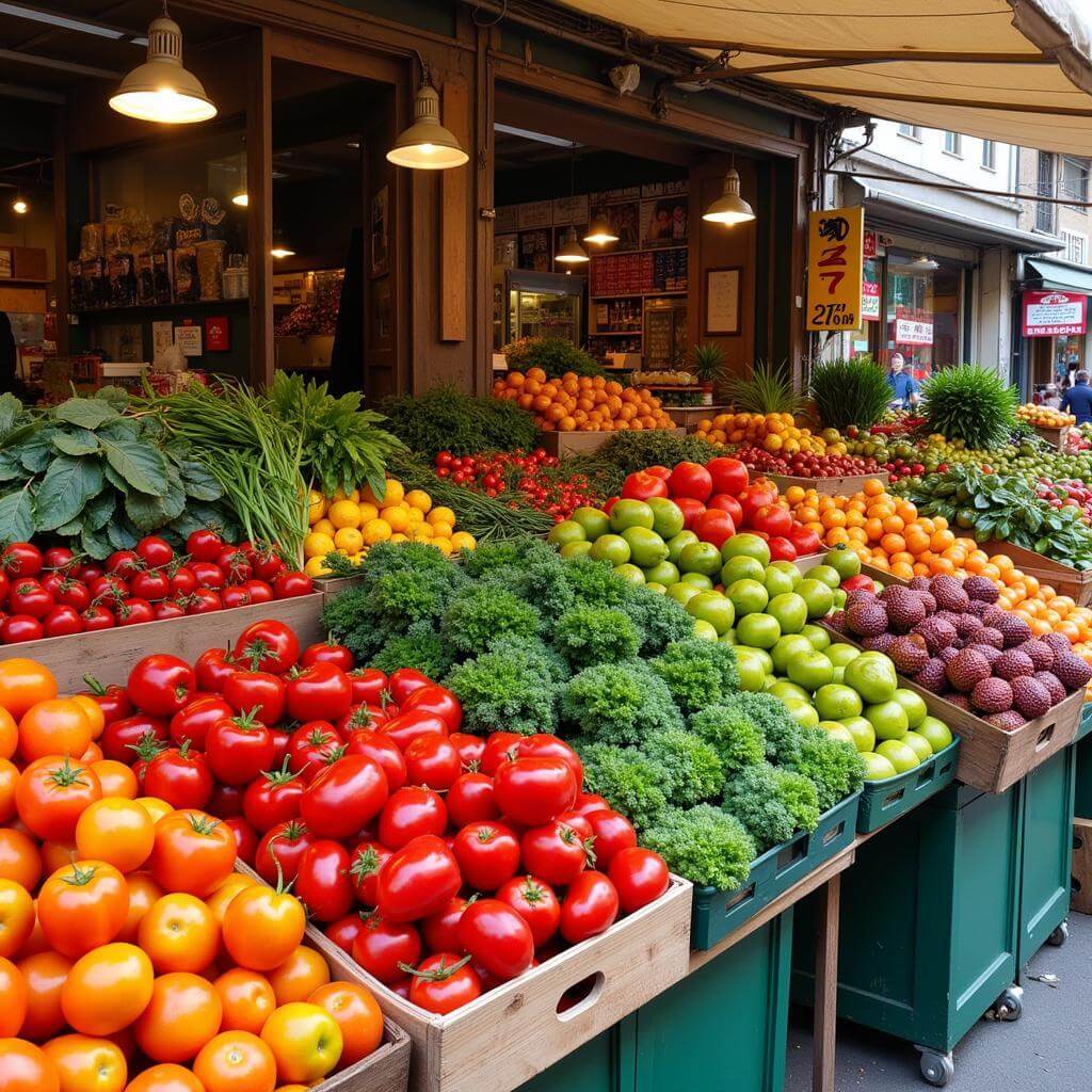 Colorful display of fresh fruits and vegetables at a food market stall