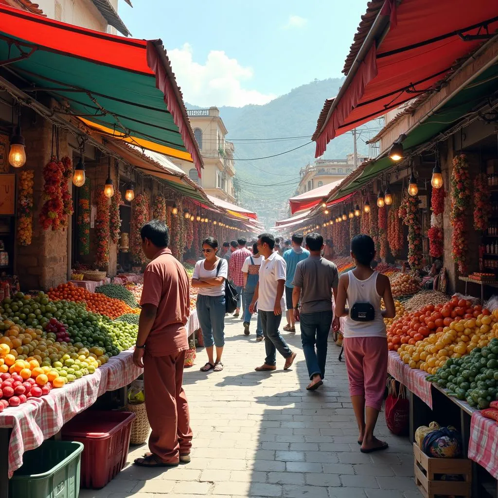 Vibrant local market scene with fresh produce and bustling atmosphere