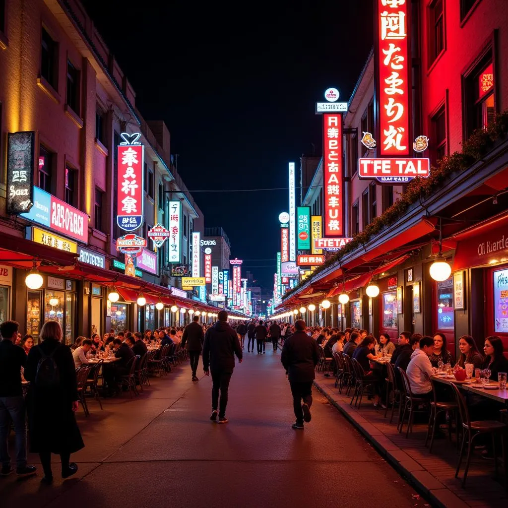 Vibrant nightlife in a bustling city street