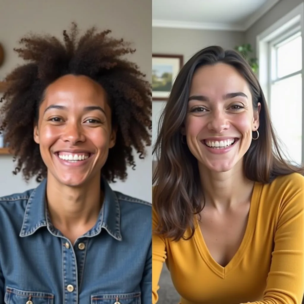 Two people having a video call, smiling and looking happy