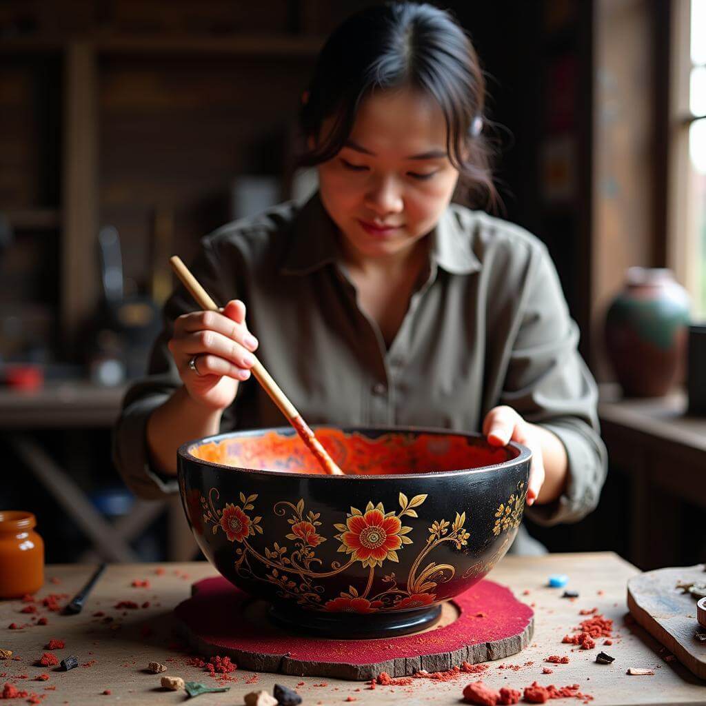 Vietnamese lacquerware artisan working on a piece